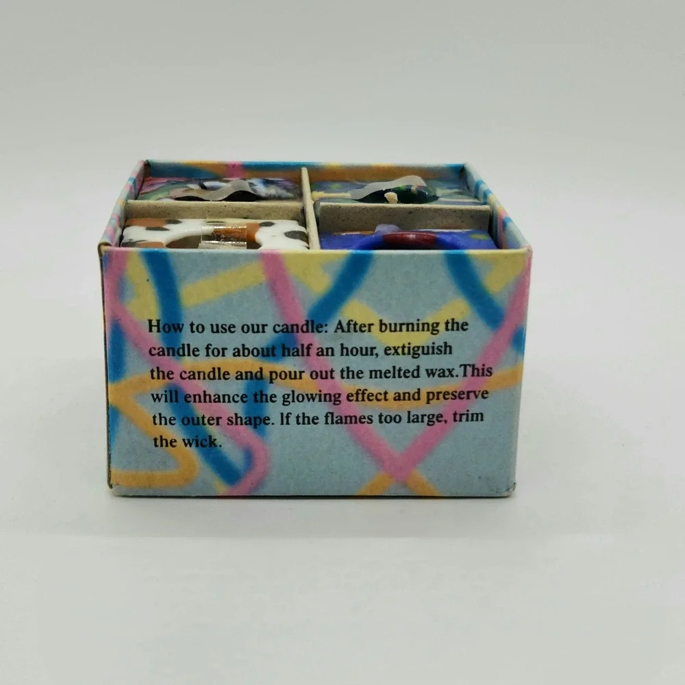 Vintage Glowing Candle Set 4pc Handmade Multi Color Abstract Floral Votive Box